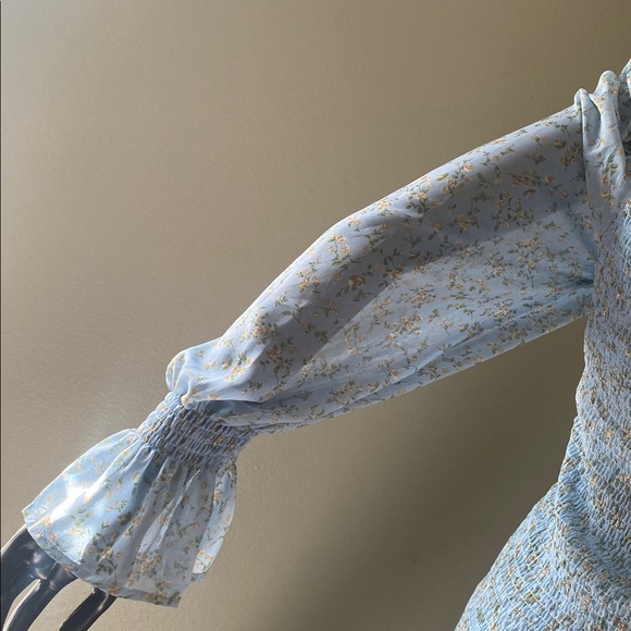 Hey Babe Light Blue Floral Sheer Sleeve Ruched Tie Dress - Picture 14 of 17